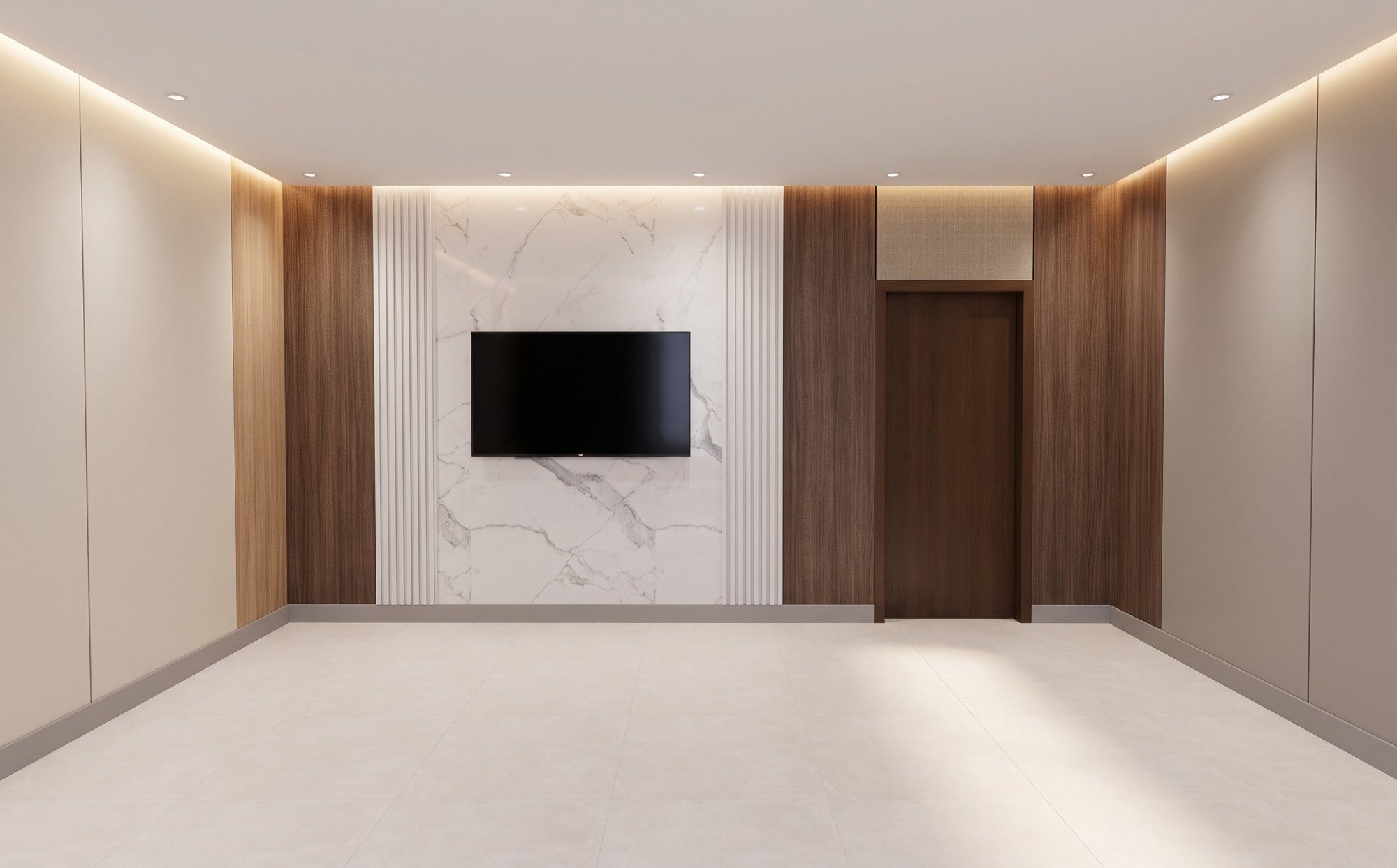 تصميم 3D من هكتار لمجلس في حي النسيم بجدار شاشة من بديل الرخام وشرائح بيضاء وألواح بديل الخشب وإضاءة مخفية