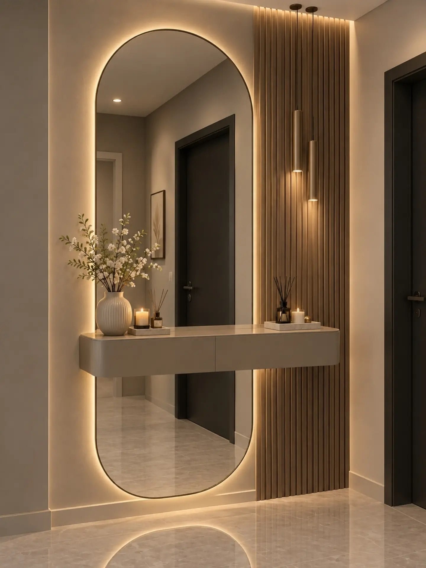 تصميم توضيحي لمدخل بمرآة كبسولة مضاءة على جدار فاتح وشرائح خشبية جانبية وإضاءة معلقة ودرج عائم بيج