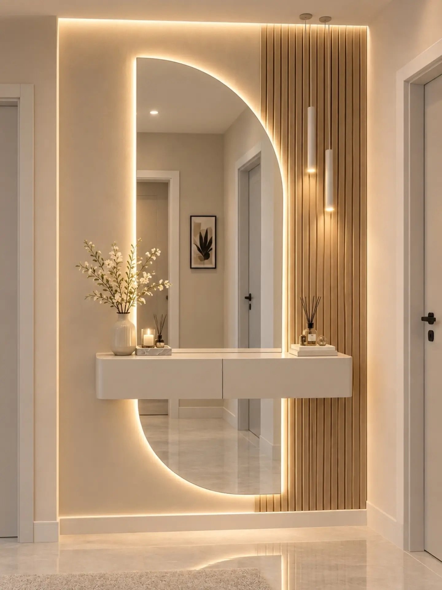 تصميم توضيحي لمرآة مدخل نص دائرة داخل إطار بإضاءة مخفية وشرائح خشب فاتحة ودرج عائم أبيض