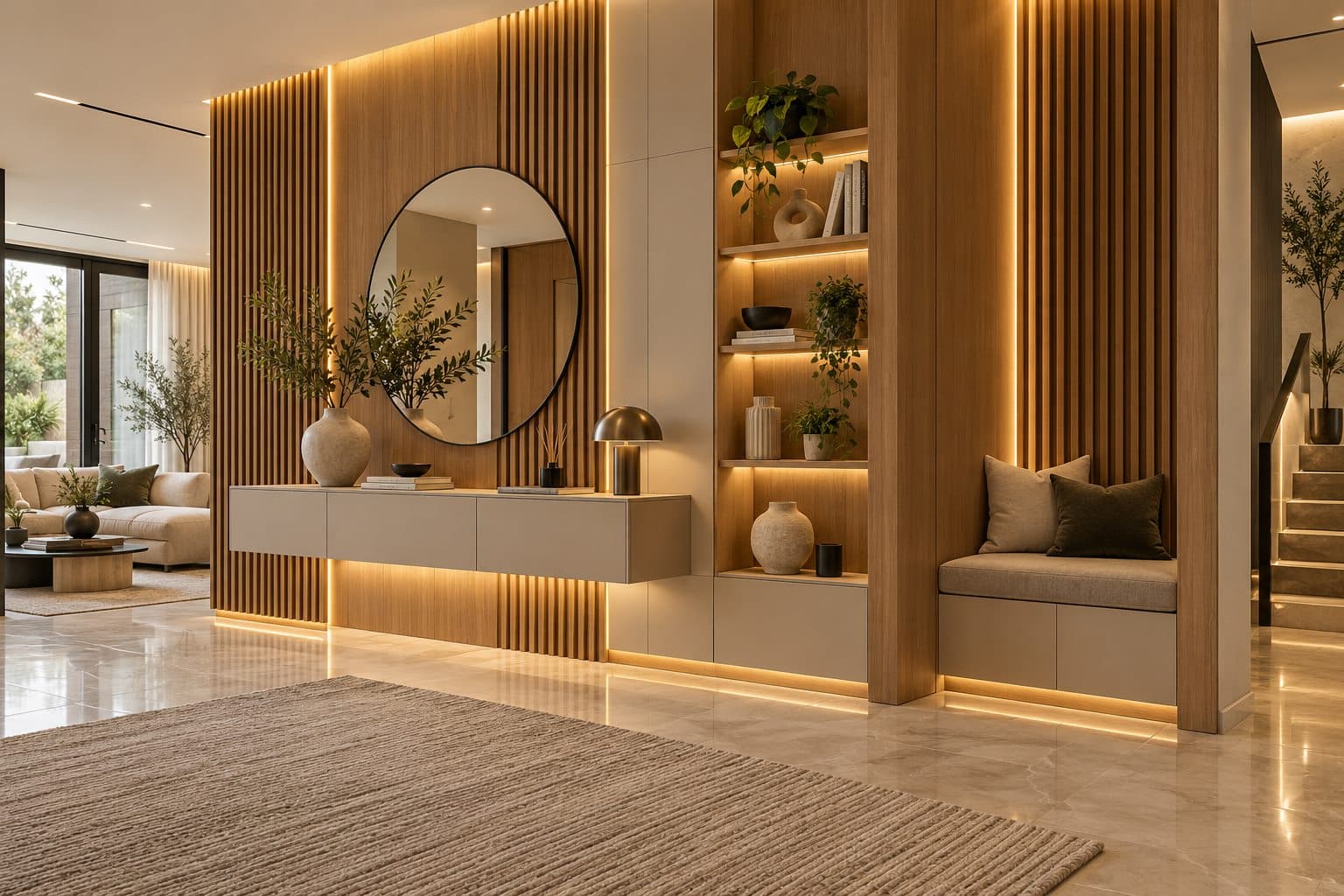 تصميم توضيحي لمدخل مكسو ببديل الخشب بشرائح طولية ومرآة دائرية وإضاءة مخفية