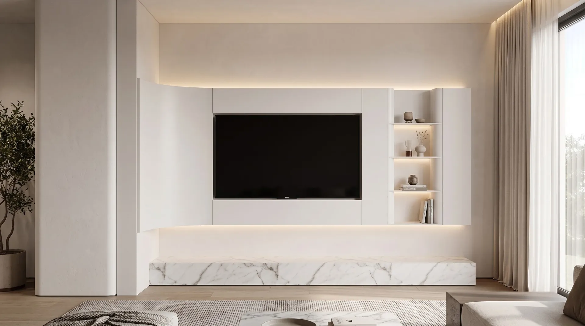 تصميم 3D من هكتار لجدار شاشة أبيض بأطراف منحنية ورفوف مضاءة وقاعدة بمظهر الرخام وإضاءة مخفية